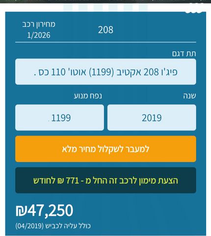 מודעת רכב פיג'ו 208