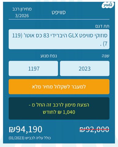 מודעת רכב סוזוקי סוויפט